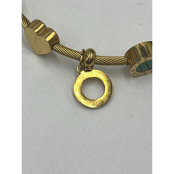 Roman Numeral Geometric Green Charms Gold Tone Stainless Steel Bangle Bracelet - Picture 8 of 10